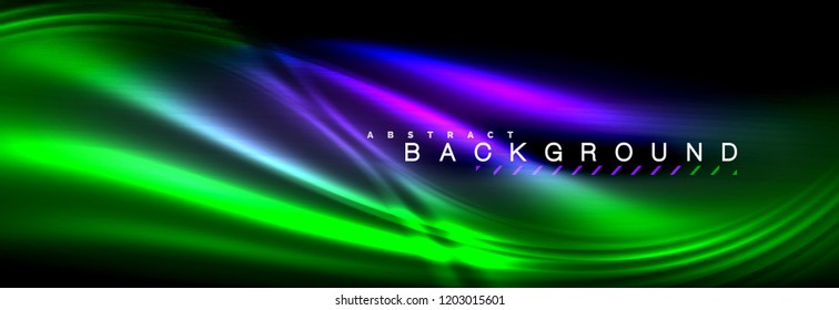 Neon glowing fluid wave lines, magic energy space light concept, abstract background wallpaper design, vector illustration