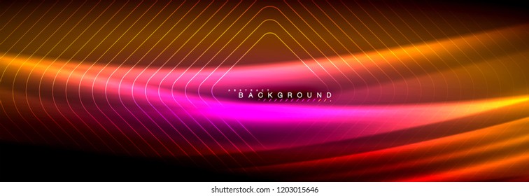Neon glowing fluid wave lines, magic energy space light concept, abstract background wallpaper design, vector illustration
