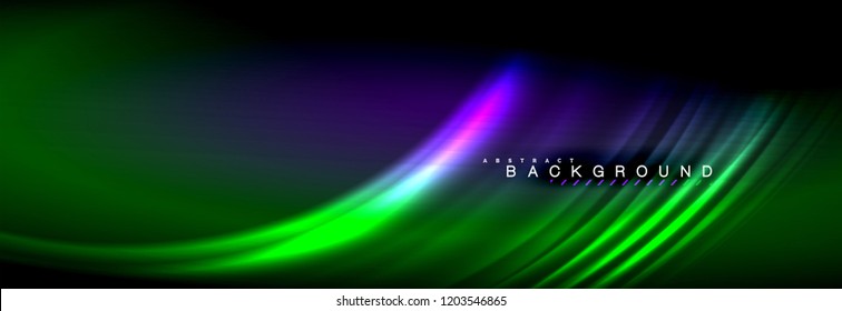 Neon glowing fluid wave lines, magic energy space light concept, abstract background wallpaper design, vector illustration