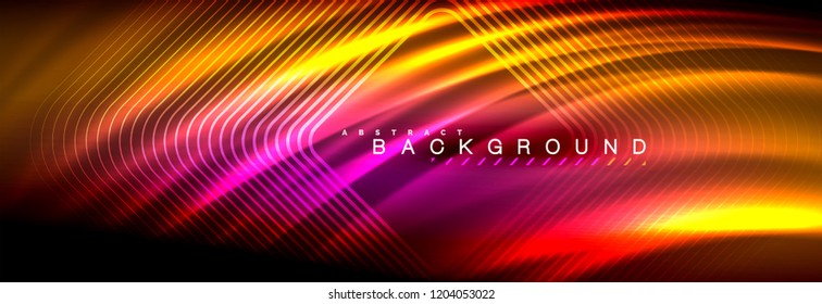Neon glowing fluid wave lines, magic energy space light concept, abstract background wallpaper design, vector illustration