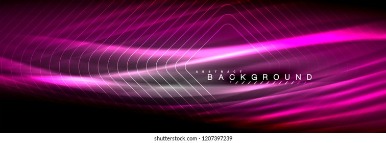 Neonleuchtende Fließbandlinien, magisches Energiespeicher-Lichtkonzept, abstrakter Hintergrund-Bildschirmhintergrund, Vektorgrafik