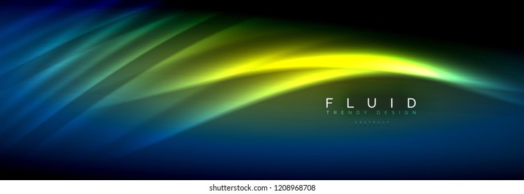 Líneas de onda de fluido brillantes neón, concepto de luz espacial mágica, diseño de fondo abstracto de fondo de fondo de fondo, ilustración vectorial