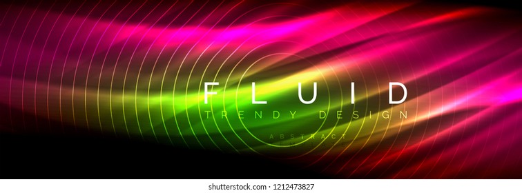 Neon glowing fluid wave lines, magic energy space light concept, abstract background wallpaper design, vector illustration