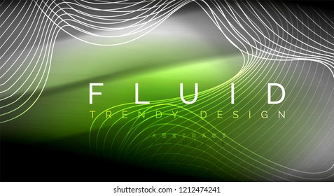 Líneas de onda de fluido brillantes neón, concepto de luz de espacio mágico, diseño de fondo abstracto de fondo de fondo, ilustración de textura vectorial ripple