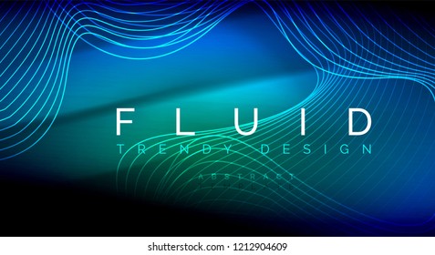 Líneas de onda de fluido brillantes neón, concepto de luz de espacio mágico, diseño de fondo abstracto de fondo de fondo, ilustración de textura vectorial ripple