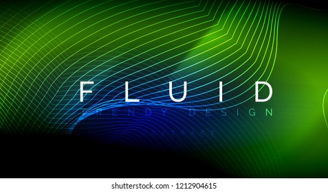 Líneas de onda de fluido brillantes neón, concepto de luz de espacio mágico, diseño de fondo abstracto de fondo de fondo, ilustración de textura vectorial ripple