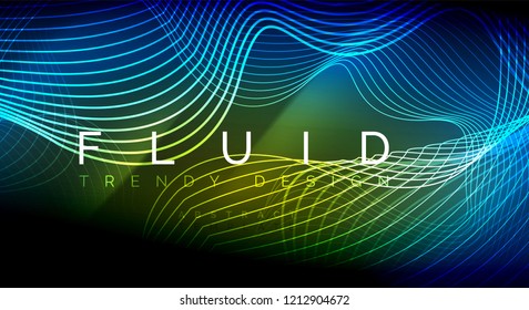 Neon glowing fluid wave lines, magic energy space light concept, abstract background wallpaper design, vector ripple texture illustration