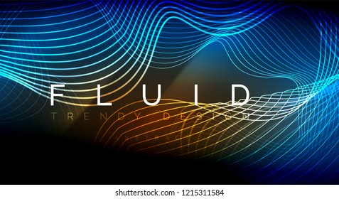 Líneas de onda de fluido brillantes neón, concepto de luz de espacio mágico, diseño de fondo abstracto de fondo de fondo, ilustración de textura vectorial ripple