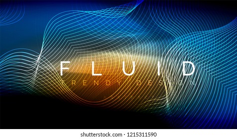 Líneas de onda de fluido brillantes neón, concepto de luz de espacio mágico, diseño de fondo abstracto de fondo de fondo, ilustración de textura vectorial ripple