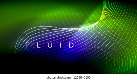 Líneas de onda de fluido brillantes neón, concepto de luz de espacio mágico, diseño de fondo abstracto de fondo de fondo, ilustración de textura vectorial ripple