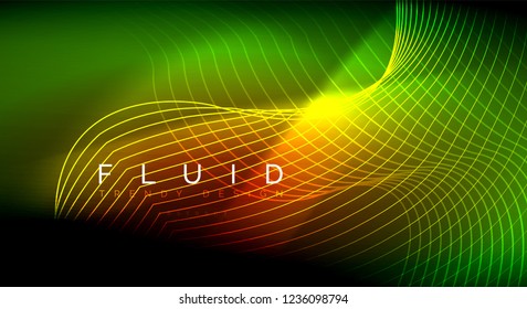 Líneas de onda de fluido brillantes neón, concepto de luz de espacio mágico, diseño de fondo abstracto de fondo de fondo, ilustración de textura vectorial ripple