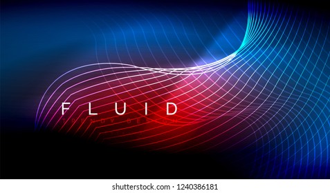 Líneas de onda de fluido brillantes neón, concepto de luz de espacio mágico, diseño de fondo abstracto de fondo de fondo, ilustración de textura vectorial ripple