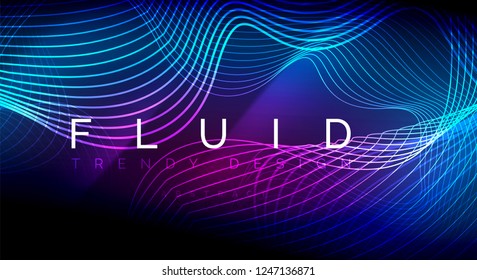 Líneas de onda de fluido brillantes neón, concepto de luz de espacio mágico, diseño de fondo abstracto de fondo de fondo, ilustración de textura vectorial ripple