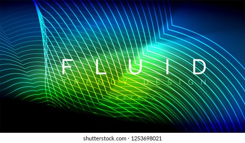 Líneas de onda de fluido brillantes neón, concepto de luz de espacio mágico, diseño de fondo abstracto de fondo de fondo, ilustración de textura vectorial ripple