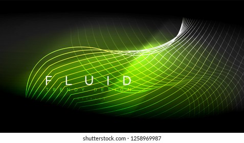 Líneas de onda de fluido brillantes neón, concepto de luz de espacio mágico, diseño de fondo abstracto de fondo de fondo, ilustración de textura vectorial ripple