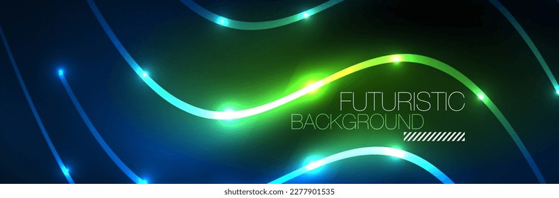 Neon glowing fluid wave lines, magic energy space light concept. Vector illustration for wallpaper, banner, background, leaflet, catalog, cover, flyer