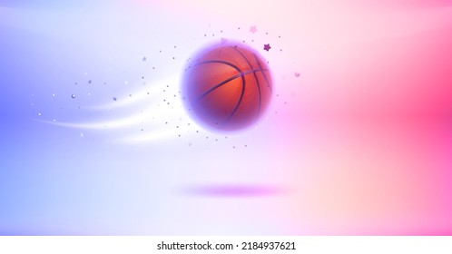 Neon glowing flying basketball ball. 3d vector banner with copy space