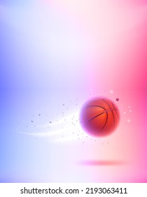 Neon glowing flying basketball ball. 3d vector vecrtical banner with copy space