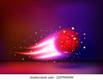 Neon glowing flying basketball ball. 3d vector illustration





