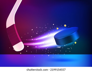 Neon glowing flying hockey puck with the stick. 3d vector illustration




