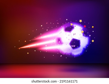 Neon glowing flying soccer ball. 3d vector illustration





