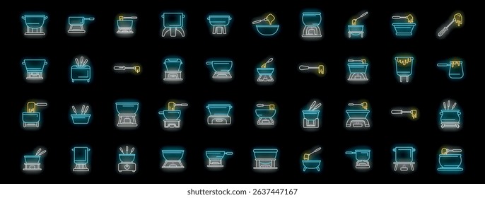 Neon glowing fondue pots with melted cheese or chocolate and dipping forks, perfect for restaurant menus, recipe books, or culinary websites