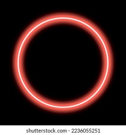 Neon glowing frame, e-circle. Illuminated geometric shape. Sign, template design element. Bright multicolored circle with blank emptyspace inside