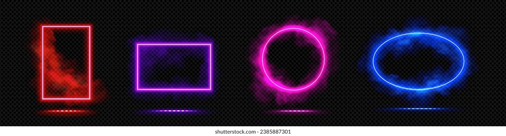 Neon glowing frame with smoke. Realistic vector illustration set of rectangular and round shape light futuristic door or magic portal with steam. Colorful line led luminous cyber border with fog.