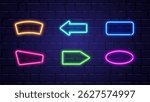 Neon glowing frames and arrows set on dark brick wall background. Modern advertising, banners, and web design element. Bright color border. Vector Illustration.