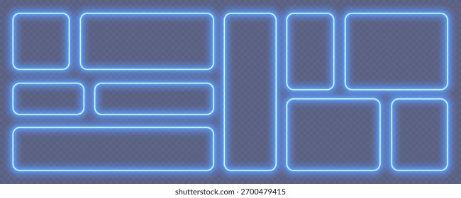 Neon glowing frames, blue night banners, bright illuminated borders. Rectangular design elements.