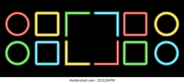 Neon glowing frames. Illuminated geometric shapes. Sign in shape of squares and circles, template design elements. Bright multicolored rectangulars with blank emptyspace inside
