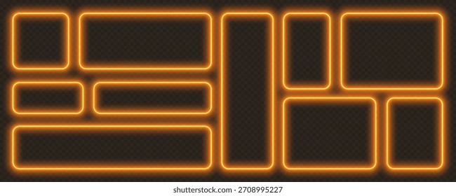 Marcos brillantes de neón, Anuncios nocturnos naranjas, bordes iluminados brillantes. Elementos de diseño rectangulares.
