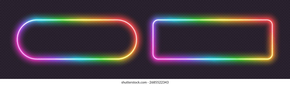 Marcos brillantes de neón, efecto de luz de Anuncios de arco iris, bordes iluminados brillantes.