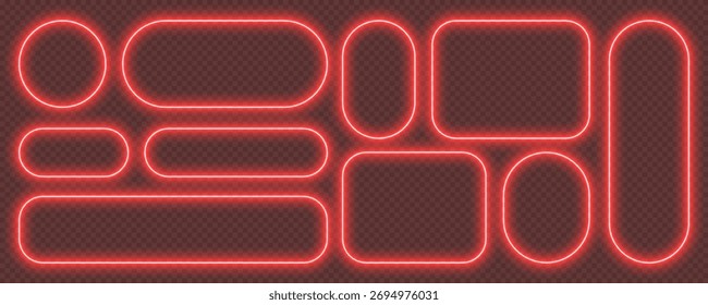 Marcos brillantes de neón, efecto de luz de Anuncios nocturnos rojos, bordes iluminados brillantes.