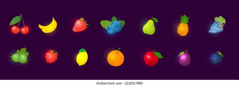 Juego de frutos neones brillantes para la ilustración vectorial de la máquina tragaperras de juego. Plantilla de elementos de juego afortunados y botones con efecto ligero para bar, casino o discoteca aislados en fondo azul oscuro