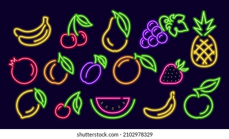 Neon glowing fruits one line collection. Ripe red pomegranate with slice of watermelon and sprig of cherries. Yellow banana with bunch of blue grapes. Digital design for nightlife vector signage