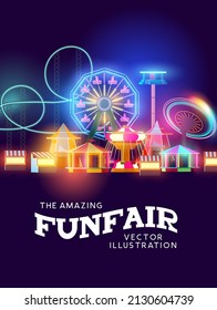 Neon glowing funfair rides and attactions, Vector amusement park.