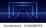 Neon glowing galaxy gate. Blue cyber space portal. Synthwave blue background with neon light effect, perspective 3d view, night starry sky, laser beams, luminous lines. Vector illustration