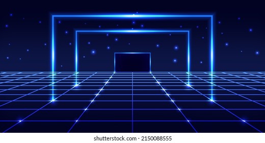 Puerta de galaxia brillante neón. Portal del ciberespacio azul. Fondo azul sinthwave con efecto neón, visión 3d perspectiva, cielo estrellado nocturno, vigas láser, líneas luminosas. Ilustración del vector