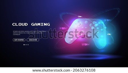 Neon glowing gamepad. Cloud Gaming concept. Vector illustration with hud elements. Wireless controller gamepad for play games.