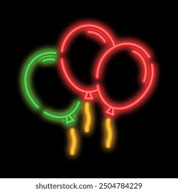 Neon glowing garland of balloons to decorate special occasions, birthdays and holiday greeting. Glowing neon icon isolated on black background