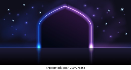 Neon glowing gate, night starry sky, galaxy space, podium stage. Blue and purple neon light effect portal, virtual reality, fantasy game background, techno futuristic vector illustration