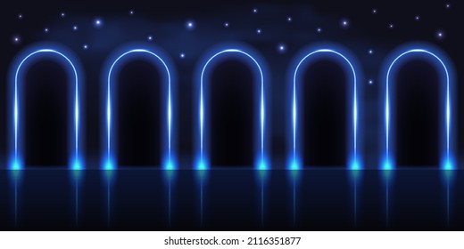 Neon glowing gate portal, stage podium with arch gates, dark blue night sky with shiny stars. Techno futuristic background, cyberpunk background, galaxy space, light efect. Vector illustration