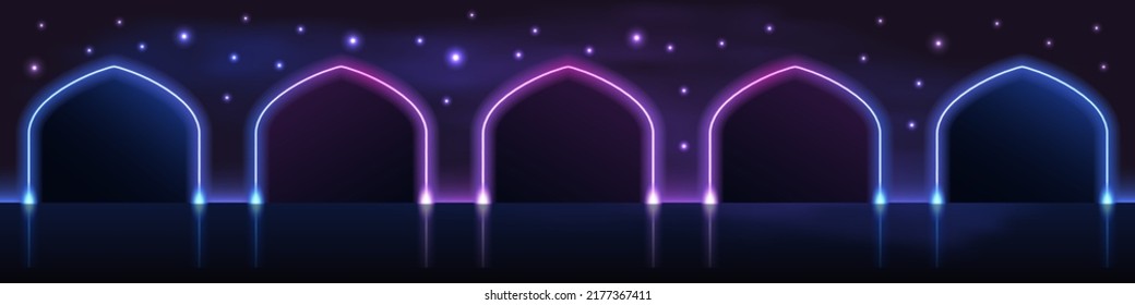 Neon glowing gate portal,stage podium with arch gates,Magic corridor with mysterious ways. techno futuristic cyberpunk background, star sparkle shine effect. Vector illustration