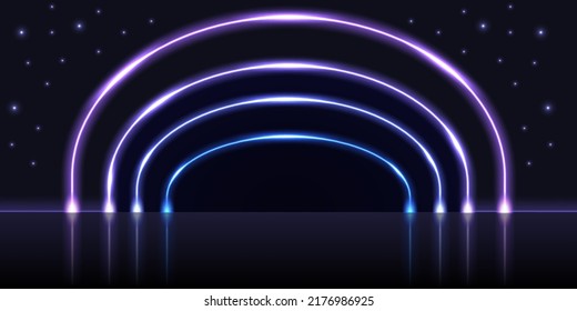 Neon glowing gate, purple and blue magic portal, light effect. Galaxy space, cyberpunk futuristic background, synthwave style. Vector illustration