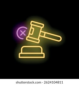Neon glowing gavel striking down a cross mark symbol representing the concept of law and justice