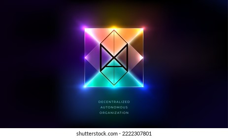 Neon glowing geometric illustration with DAO typography. Vector template for logo, icon. Decentralized Autonomous Organisation, smart contract, cryptocurrency, blockchain technology for infographics.