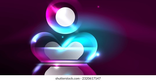 Neon glowing geometric shapes vector abstract background. Round elements, light effects and glass glossy style with color backdrop. Space cosmic or magic energy wallpaper