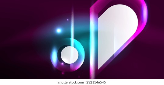 Neon glowing geometric shapes vector abstract background. Round elements, light effects and glass glossy style with color backdrop. Space cosmic or magic energy wallpaper