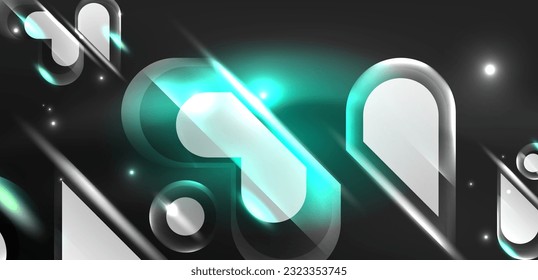 Neon glowing geometric shapes vector abstract background. Round elements, light effects and glass glossy style with color backdrop. Space cosmic or magic energy wallpaper